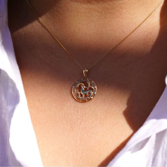 14K Solid Gold Round Capricorn Zodiac Sign Charm | Elegant Astrology Pendant | - Picture 11 of 13